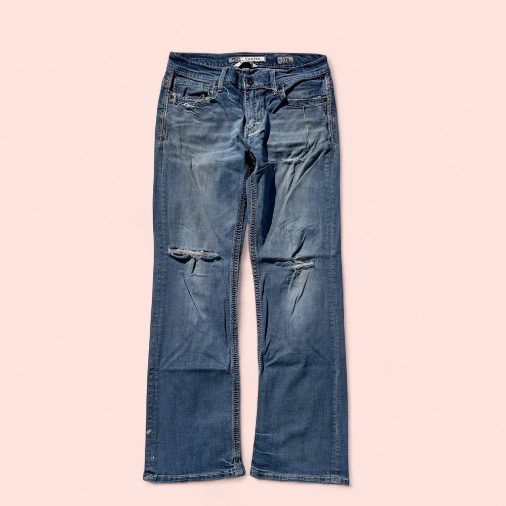 BKE Carter Distressed blue denim flare bootleg jeans with ripped details 31 R